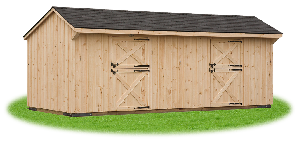 10x20 shed row horse barn with natural wood siding, three separate doors, black hardware, and a shingled gable roof—an Amish-built horse shelter ideal for pasture setups and efficient stall access.
