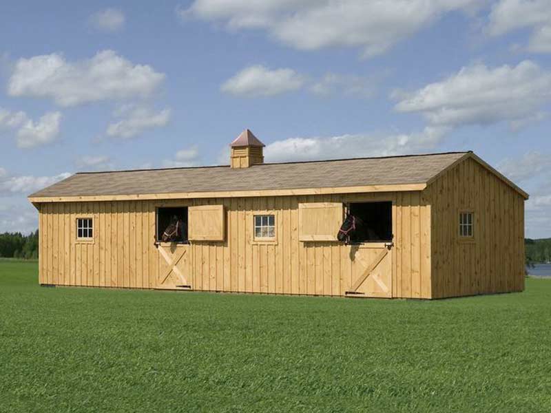 Shed-row style wooden horse barn with three stalls and Dutch doors, designed for equine shelter and easy access—available from Salem Structures.