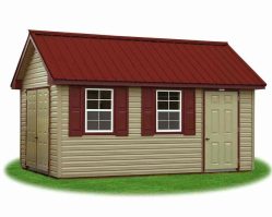 10x16 Cape Cod style storage shed with red metal roof, vinyl siding, and shuttered windows—perfect for backyard storage with curb appeal.