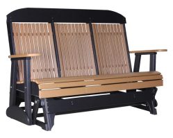 Five-foot classic poly glider in cedar and black from Salem Structures with high-back slatted design and durable, low-maintenance poly construction.