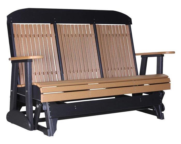 Five-foot classic poly glider in cedar and black from Salem Structures with high-back slatted design and durable, low-maintenance poly construction.