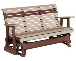 Five-foot plain poly glider in weatherwood and chestnut brown from Salem Structures, featuring maintenance-free poly lumber and smooth outdoor gliding.