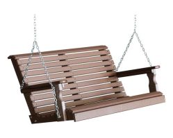Four-foot plain poly porch swing in chestnut brown from Salem Structures featuring maintenance-free poly lumber construction and hanging chains.