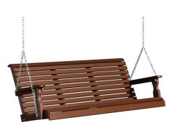 Five-foot plain poly porch swing in chestnut brown from Salem Structures, shown with hanging chains and durable outdoor poly lumber slats.