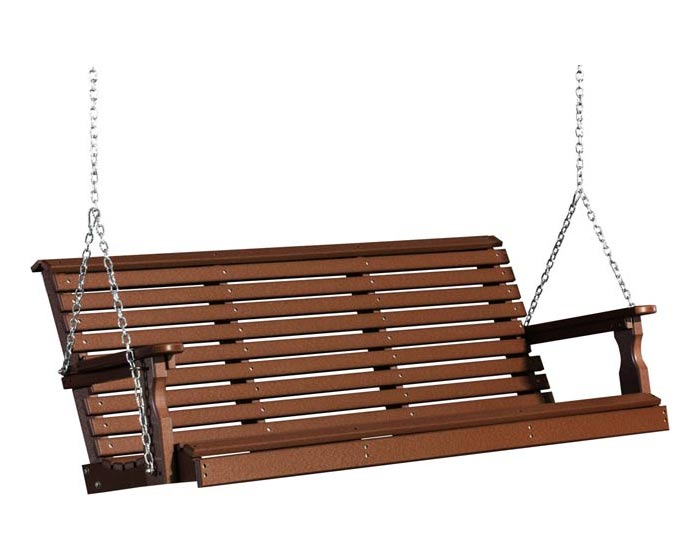 Five-foot plain poly porch swing in chestnut brown from Salem Structures, shown with hanging chains and durable outdoor poly lumber slats.