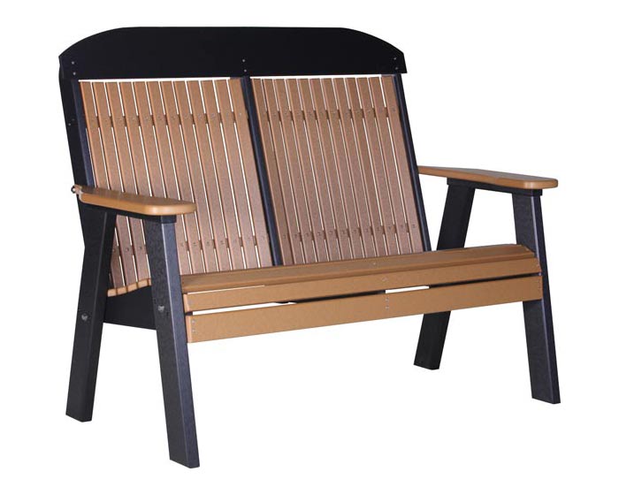 Cedar and black poly classic bench from Salem Structures, weather-resistant outdoor seating ideal for porches, gardens, and patio spaces.