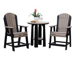 36-inch poly balcony table set with two weatherwood and black Adirondack balcony chairs from Salem Structures, designed for outdoor patio or deck seating.