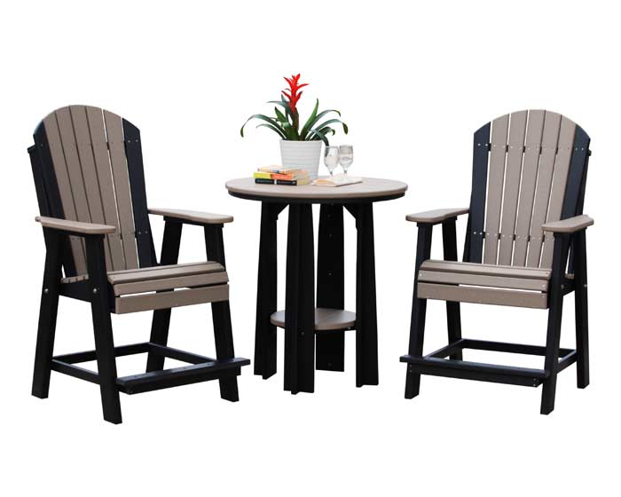 36-inch poly balcony table set with two weatherwood and black Adirondack balcony chairs from Salem Structures, designed for outdoor patio or deck seating.