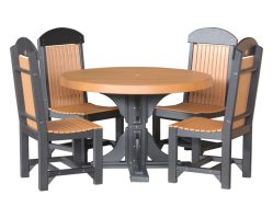 4-foot round poly outdoor table set in cedar and black from Salem Structures, paired with four matching poly dining chairs for backyard or patio use.