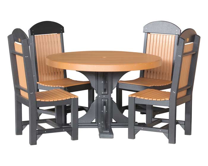 4-foot round poly outdoor table set in cedar and black from Salem Structures, paired with four matching poly dining chairs for backyard or patio use.