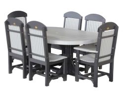 4x6 poly outdoor oval dining table set in dove gray and black from Salem Structures, shown with six matching poly dining chairs.