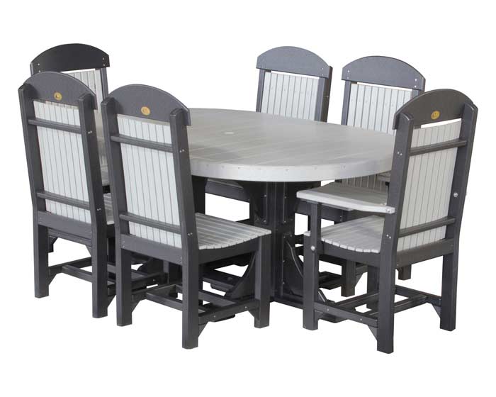 4x6 poly outdoor oval dining table set in dove gray and black from Salem Structures, shown with six matching poly dining chairs.