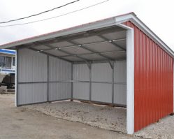 12x20x9 steel horse shelter from Salem Structures with open front, galvanized framing, and red metal siding for livestock protection.