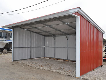 12x20x9 steel horse shelter from Salem Structures with open front, galvanized framing, and red metal siding for livestock protection.
